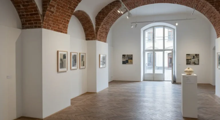 Wnetrze krakowskiej galerii sztuki wspolczesnej w kamienicy - biale sciany, ceglane luki i obrazy na scianie
