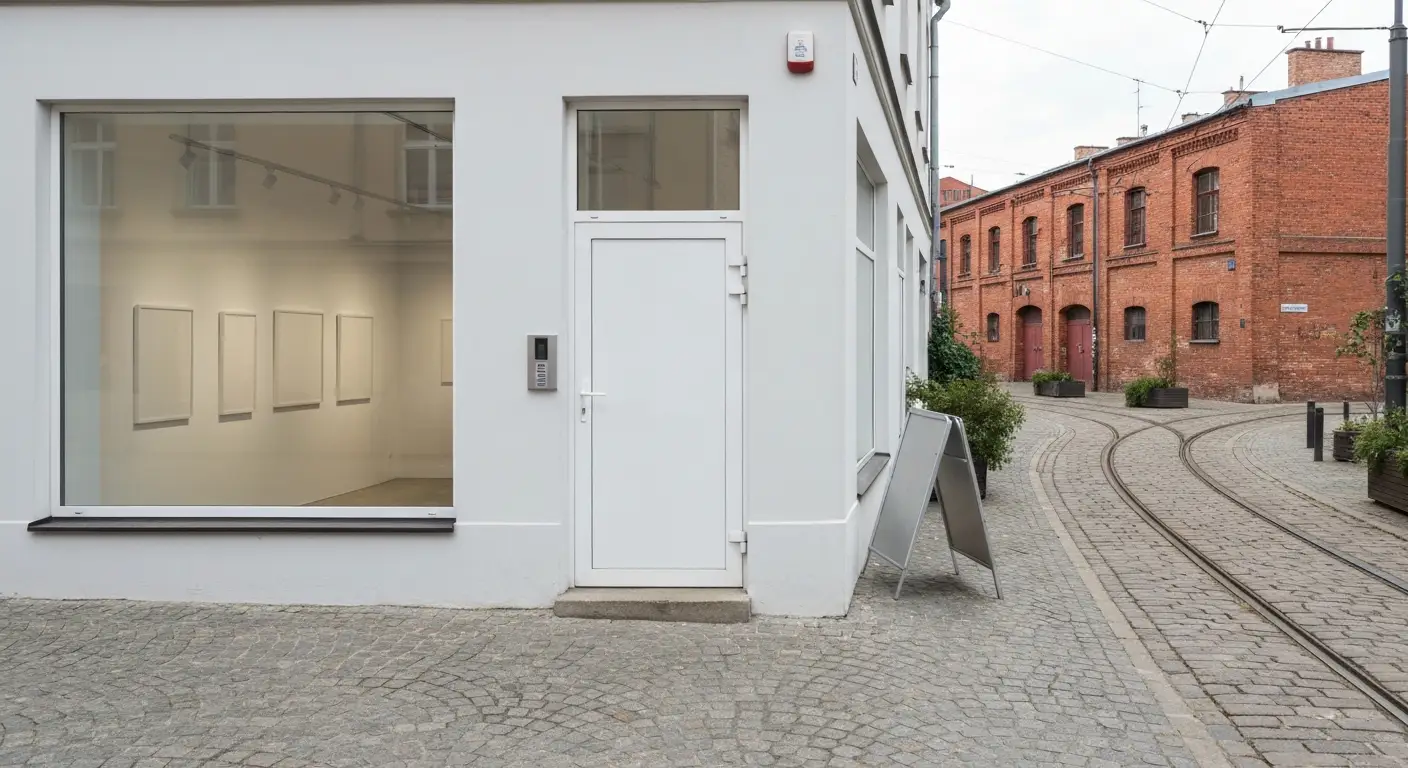 Uliczka na krakowskim Kazimierzu z galeria sztuki w parterze kamienicy i ceglana fasada postindustrialna w tle