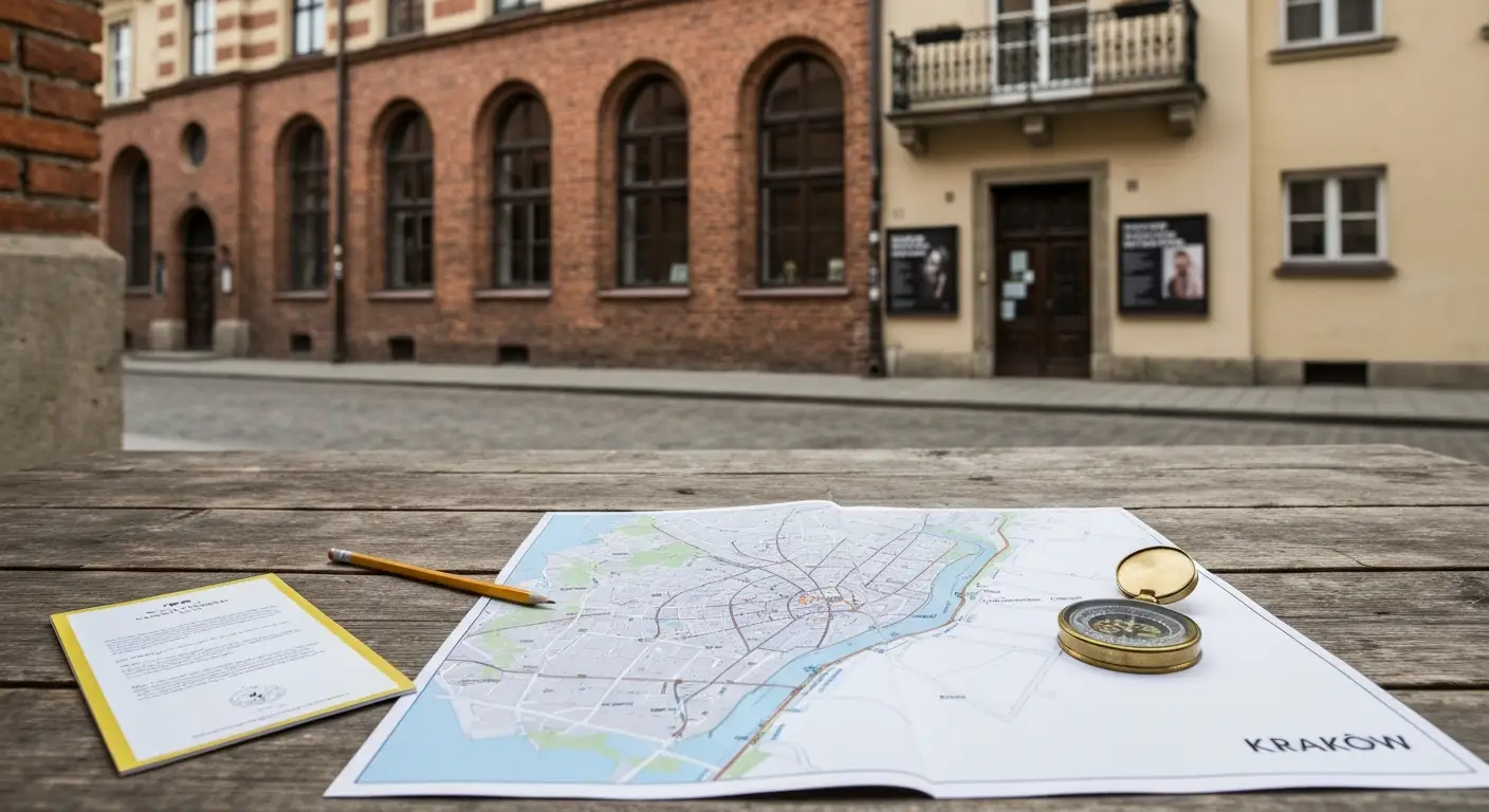 Papierowa mapa Krakowa i ulotka programu galerii na drewnianym stole, w tle ceglana kamienica z galeria na Kazimierzu