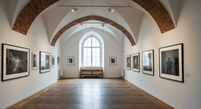 Wystawa fotografii w krakowskiej galerii - oprawione zdjecia na bialych scianach z ceglanym sklepieniem