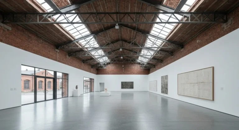 Wnetrze muzeum sztuki wspolczesnej w postindustrialnej hali na krakowskim Zablociu - biale sciany, swietliki i obrazy na