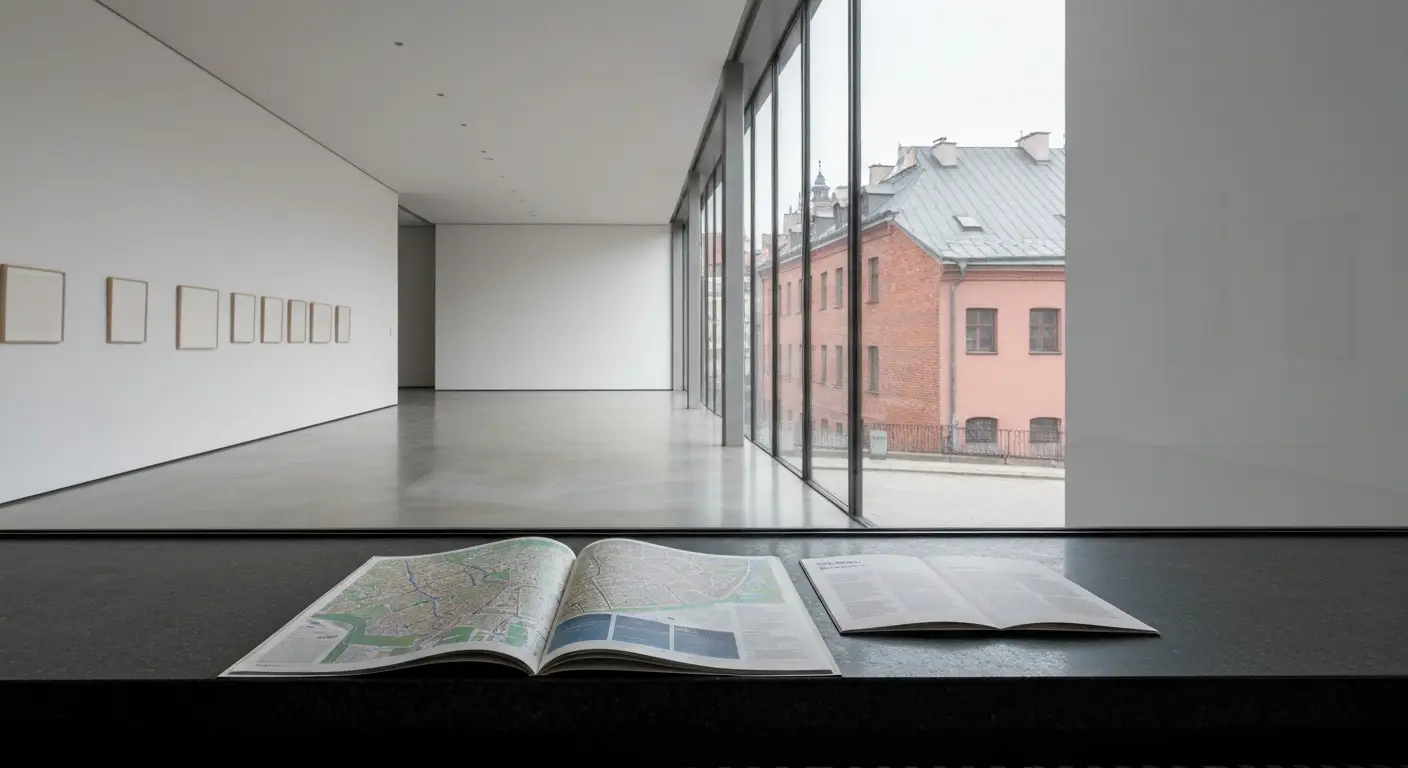 Rozlozona mapa miasta i ulotka wystawy na parapecie w foyer krakowskiego muzeum, za szyba ceglana ulica Zablocia