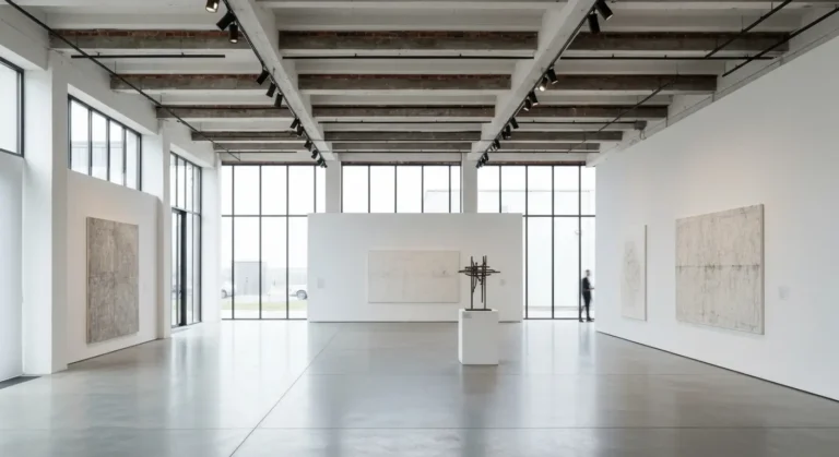 Wnetrze krakowskiego muzeum sztuki wspolczesnej w postindustrialnej hali z obrazami i rzezba