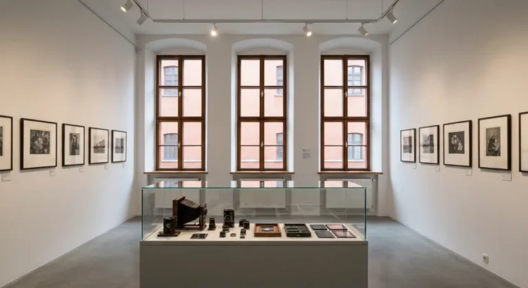 Sala wystawowa muzeum fotografii w Krakowie z gablota z zabytkowymi aparatami i czarno-bialymi odbitkami na scianie