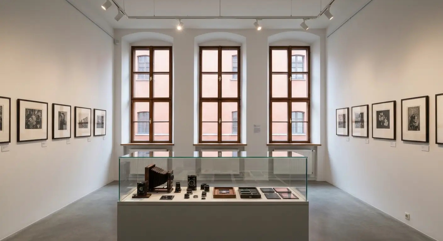 Sala wystawowa muzeum fotografii w Krakowie z gablota z zabytkowymi aparatami i czarno-bialymi odbitkami na scianie