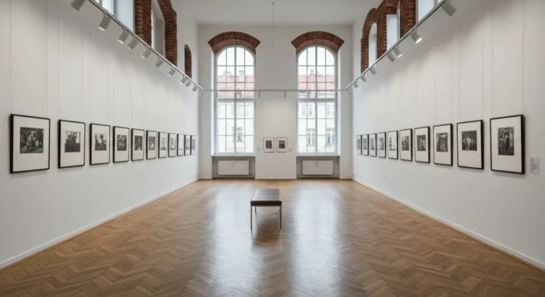 Jasna sala wystawowa muzeum fotografii w Krakowie z rzedem czarno-bialych odbitek na scianie i lawka posrodku