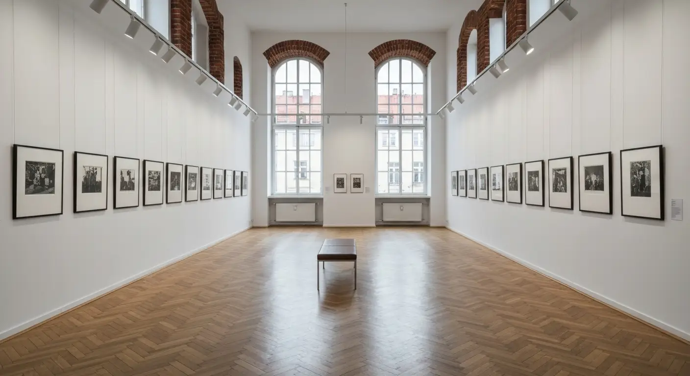 Jasna sala wystawowa muzeum fotografii w Krakowie z rzedem czarno-bialych odbitek na scianie i lawka posrodku