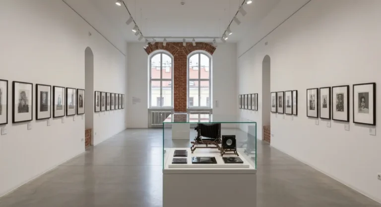 Jasna sala wystawowa muzeum fotografii w Krakowie z czarno-bialymi odbitkami i zabytkowym aparatem w gablocie