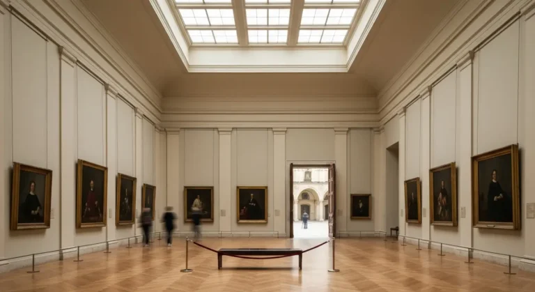 Jasna sala wystawowa muzeum w Krakowie z obrazami w ciemnych ramach, ławką i sznurem odgradzającym