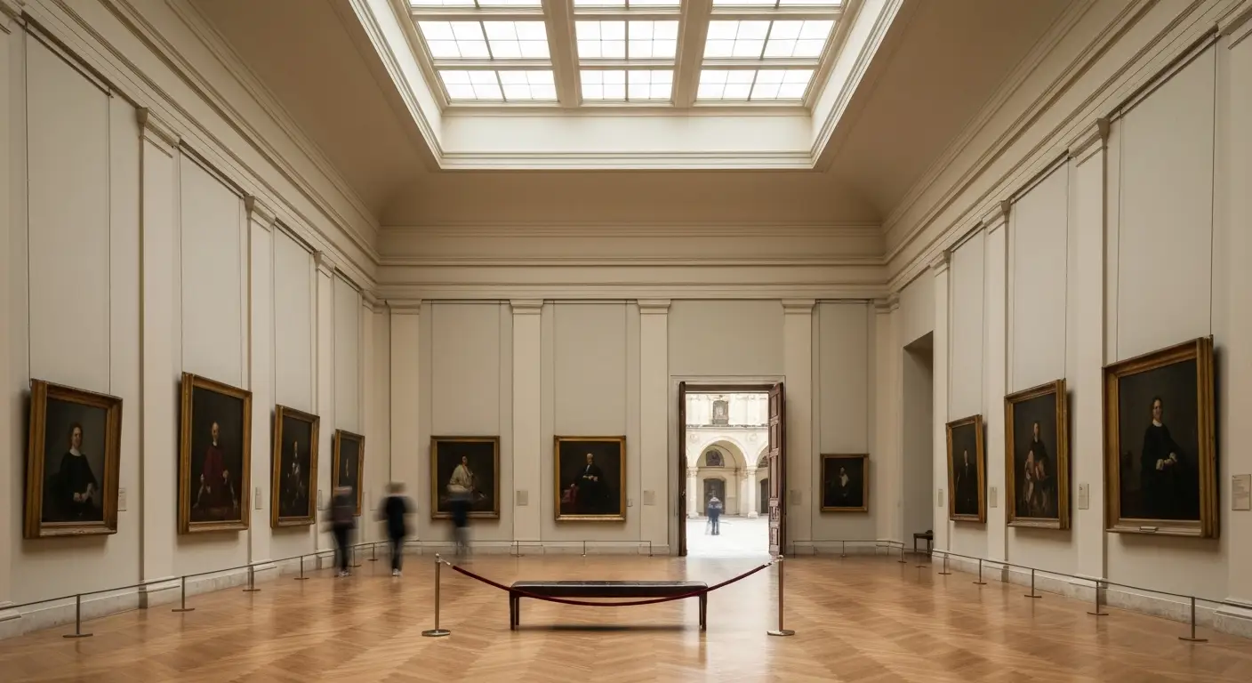 Jasna sala wystawowa muzeum w Krakowie z obrazami w ciemnych ramach, ławką i sznurem odgradzającym