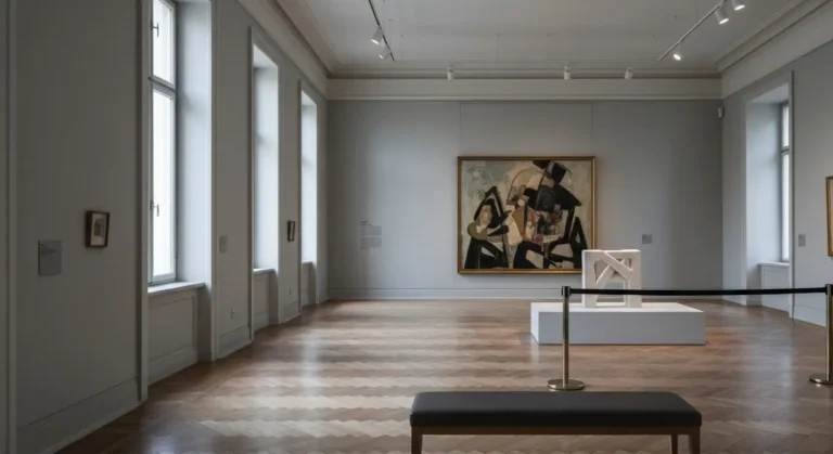 Wnetrze galerii muzealnej w Krakowie z abstrakcyjnym obrazem i wspolczesna rzezba w swietle dziennym