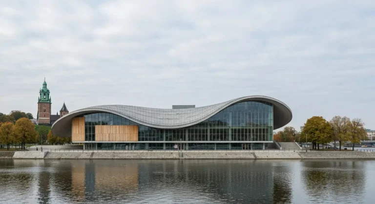 Modernistyczny budynek muzeum sztuki japonskiej z falista dachem nad Wisla w Krakowie, w tle wzgorze wawelskie