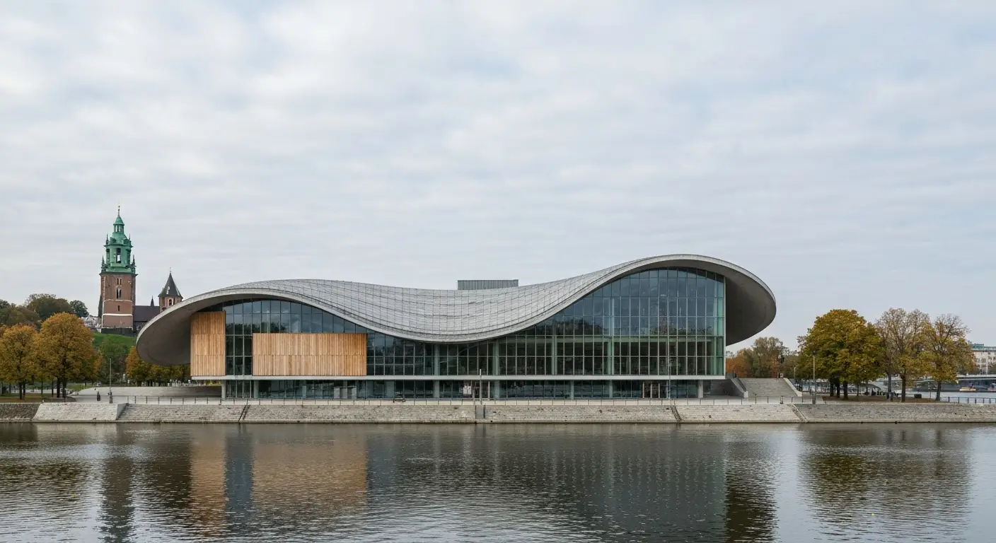 Modernistyczny budynek muzeum sztuki japonskiej z falista dachem nad Wisla w Krakowie, w tle wzgorze wawelskie