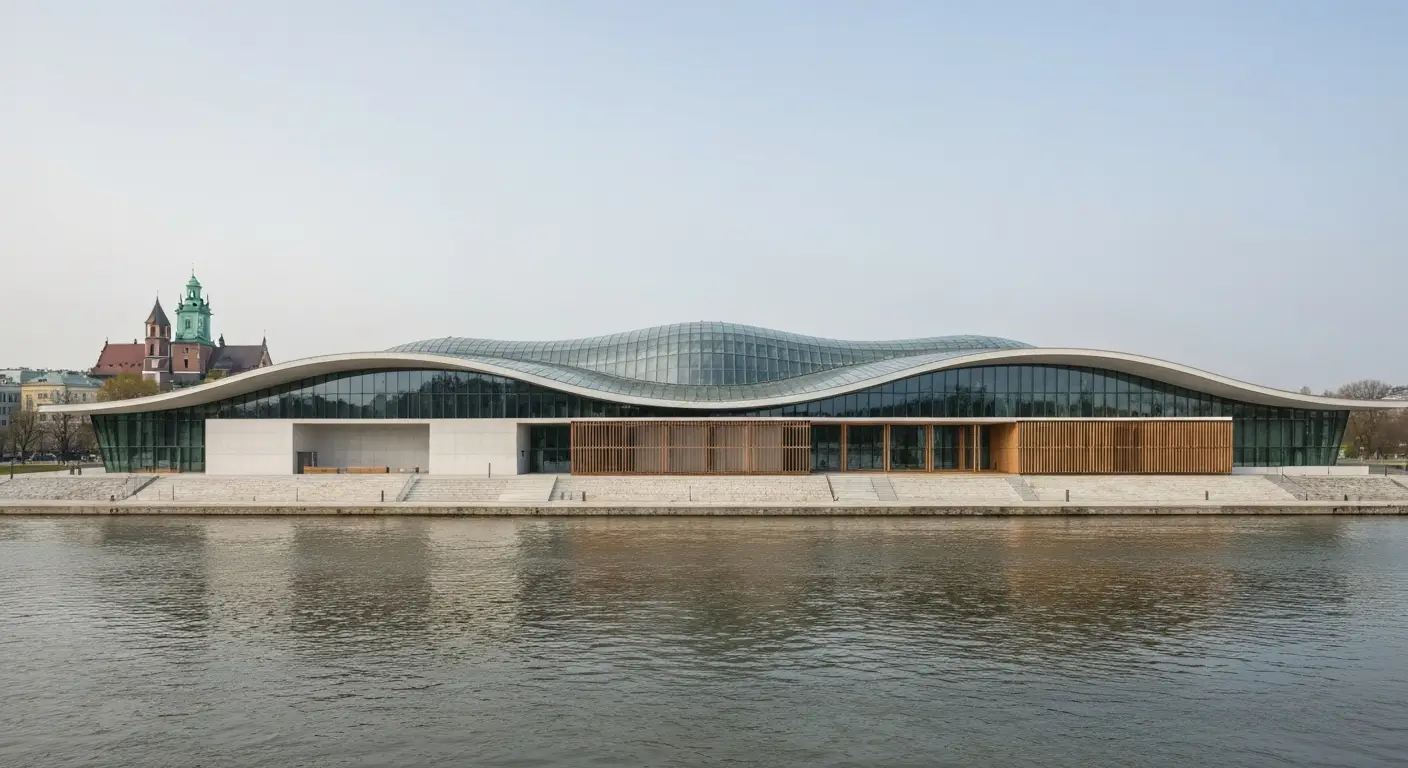 Modernistyczny budynek muzeum sztuki japonskiej nad Wisla w Krakowie z falistym dachem, w tle wzgorze wawelskie