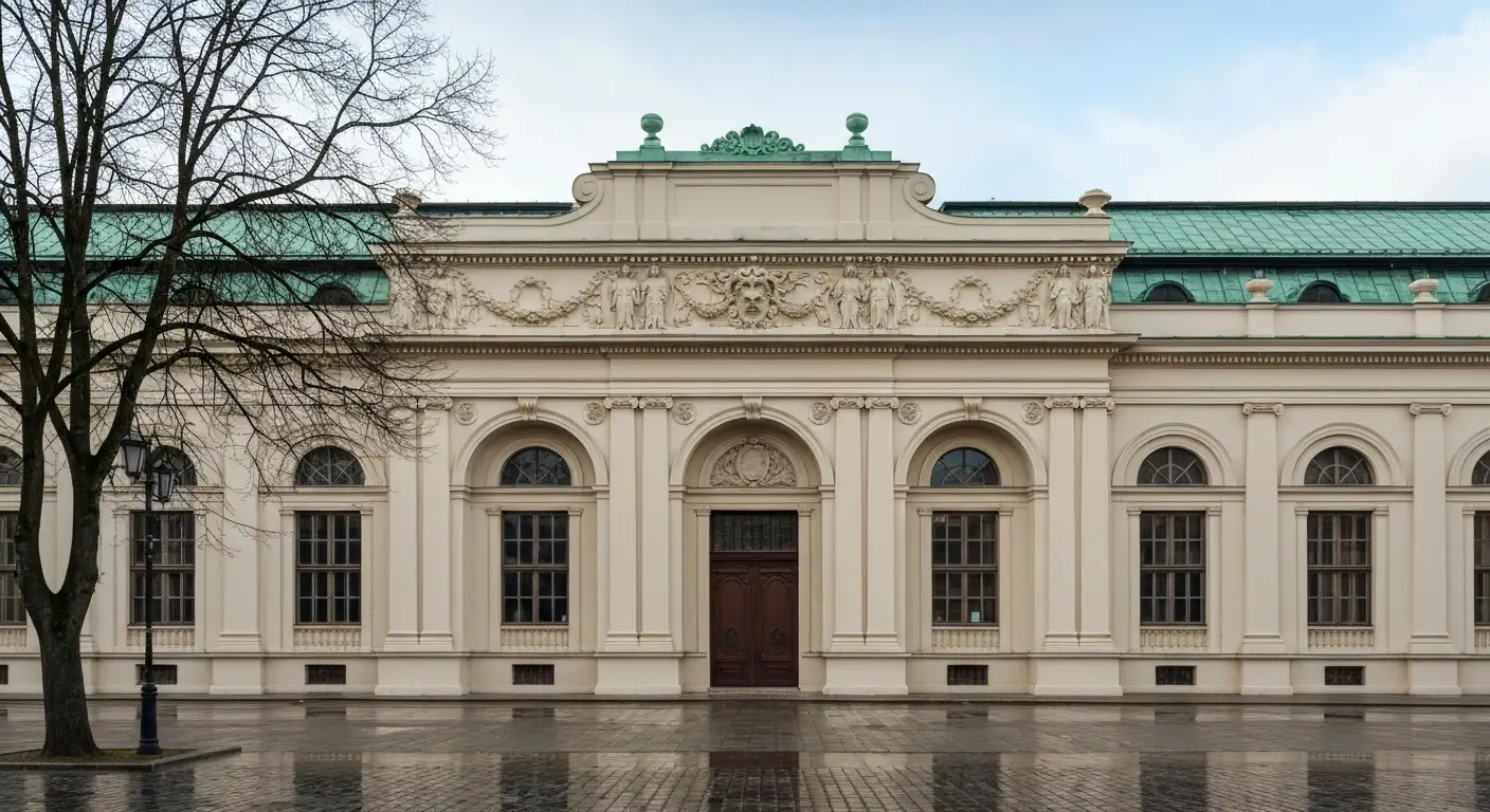 Neobarokowa fasada galerii wystawienniczej przy placu Szczepanskim w Krakowie o poranku