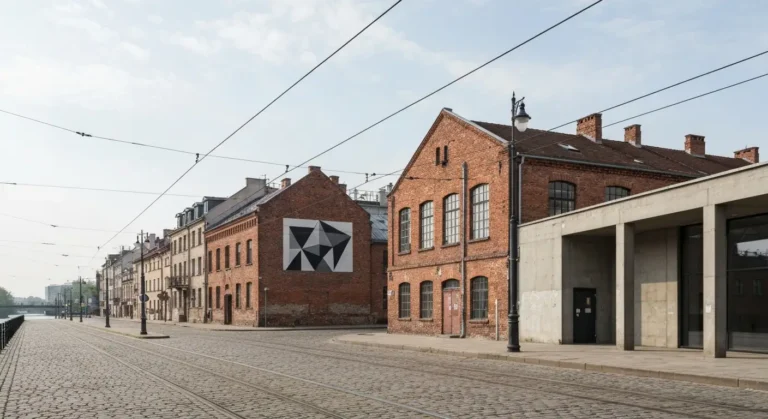 Ulica krakowskiego Podgorza i Zablocia z ceglanymi kamienicami, poprzemyslowa galeria sztuki i muralem na scianie