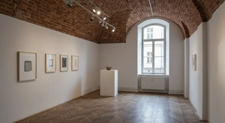Wnetrze prywatnej galerii sztuki w krakowskiej kamienicy - abstrakcyjne obrazy na bialej scianie i rzezba na cokole