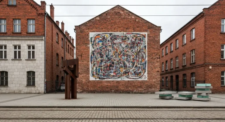 Mural na scianie kamienicy oraz plenerowa rzezba i instalacja na krakowskim placu w dzielnicy Zablocie