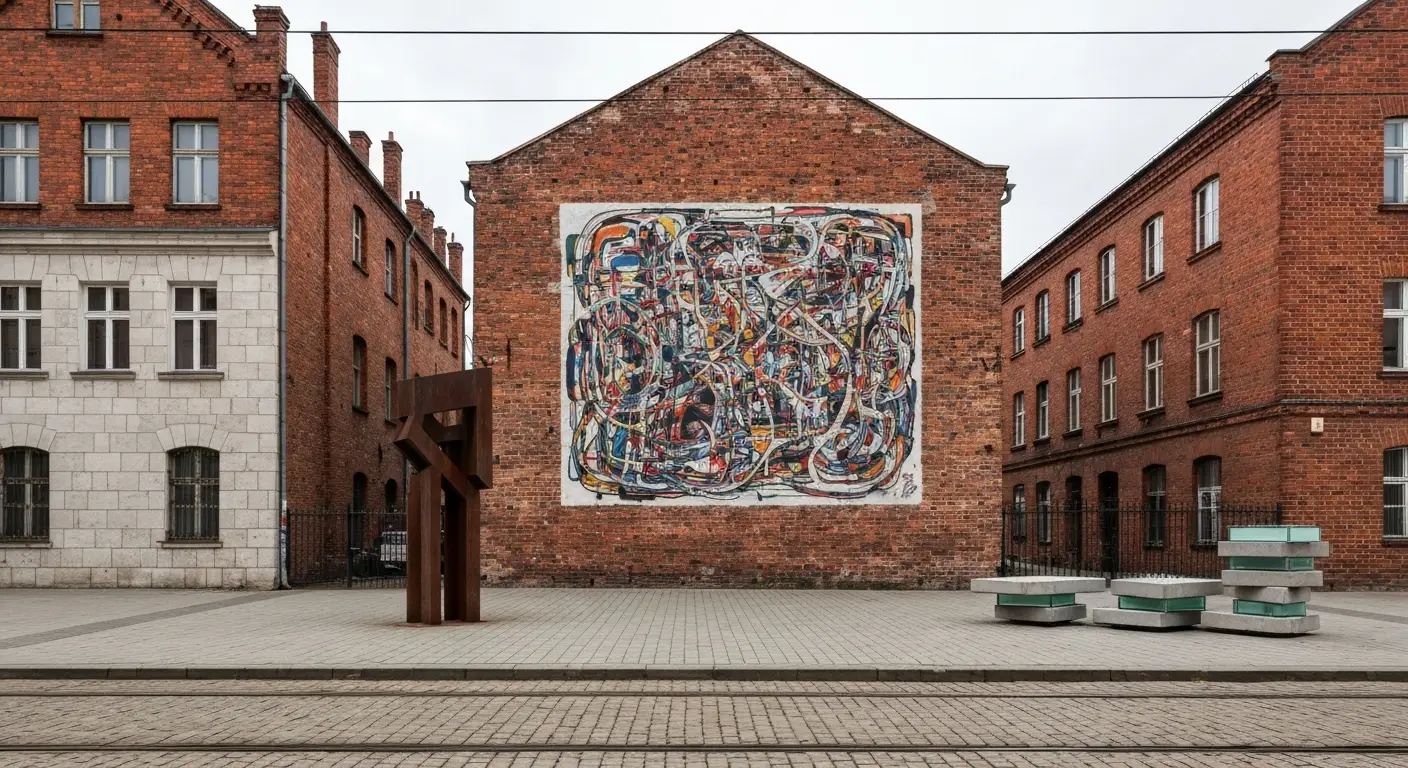 Mural na scianie kamienicy oraz plenerowa rzezba i instalacja na krakowskim placu w dzielnicy Zablocie