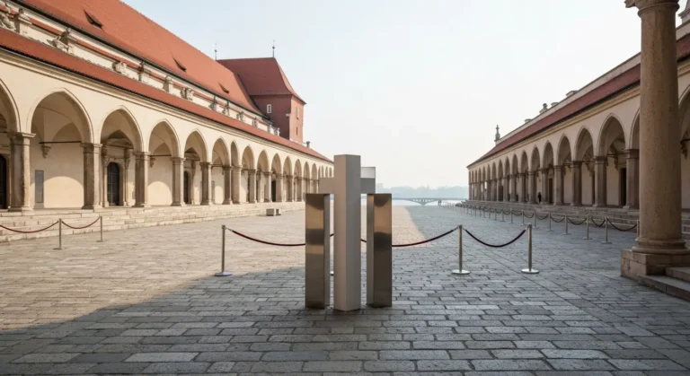 Minimalistyczna instalacja ze stali i bieli na renesansowym dziedzincu zamku na wawelskim wzgorzu w Krakowie