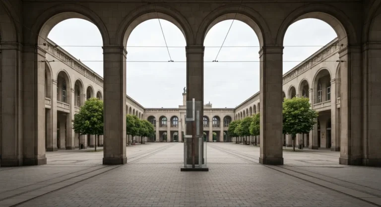 Plac Centralny w Nowej Hucie z arkadami i wspolczesna instalacja artystyczna na placu
