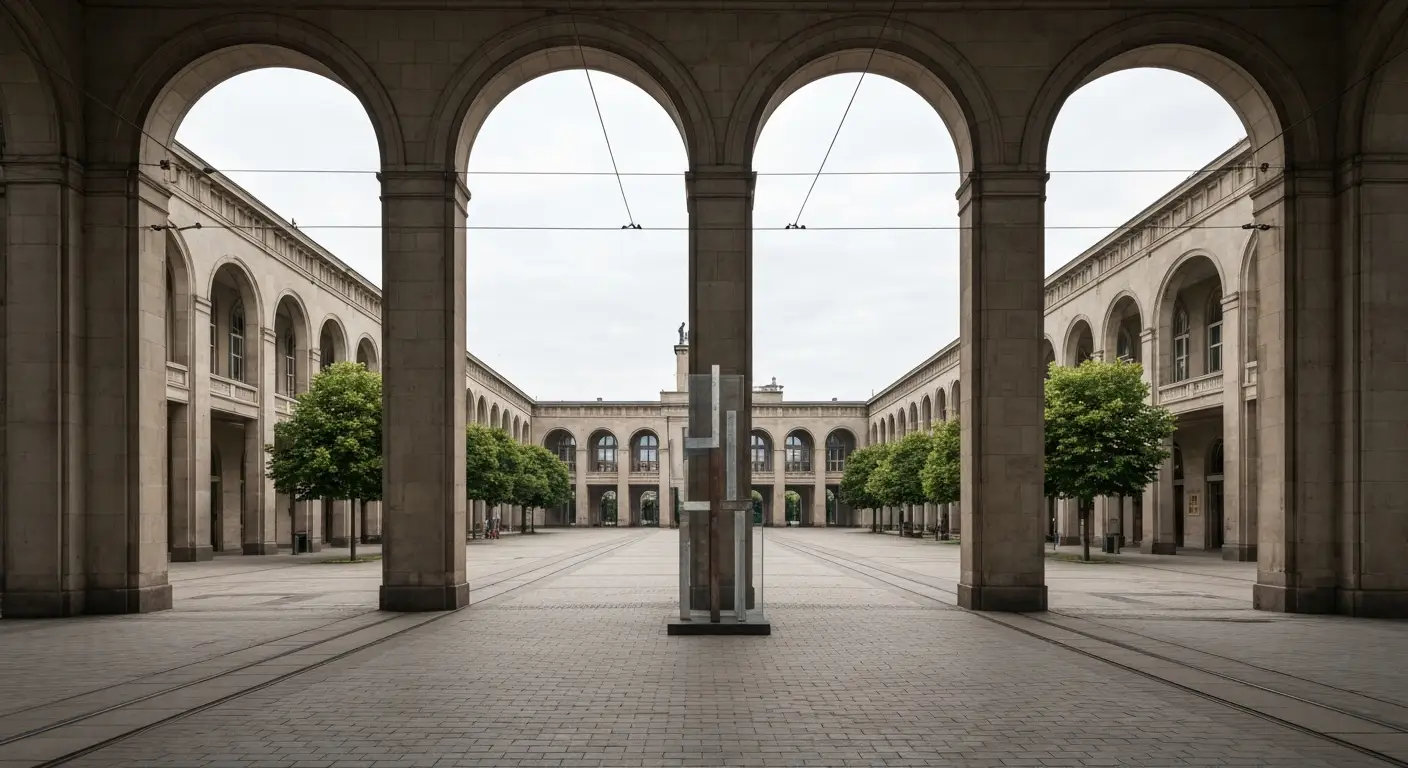 Plac Centralny w Nowej Hucie z arkadami i wspolczesna instalacja artystyczna na placu