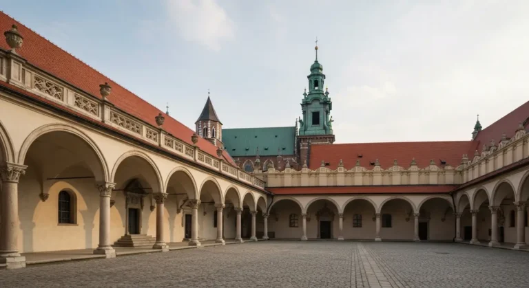 Renesansowy dziedziniec arkadowy Zamku Krolewskiego na Wawelu w Krakowie z kolumnami i wieza katedry w tle w naturalnym