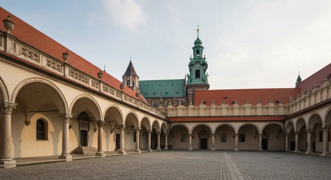 Renesansowy dziedziniec arkadowy Zamku Krolewskiego na Wawelu w Krakowie z kolumnami i wieza katedry w tle w naturalnym
