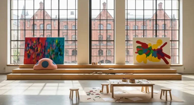 Jasna sala galerii sztuki wspolczesnej w Krakowie z niskim stolikiem plastycznym, kredkami i kolorowymi obrazami przygot