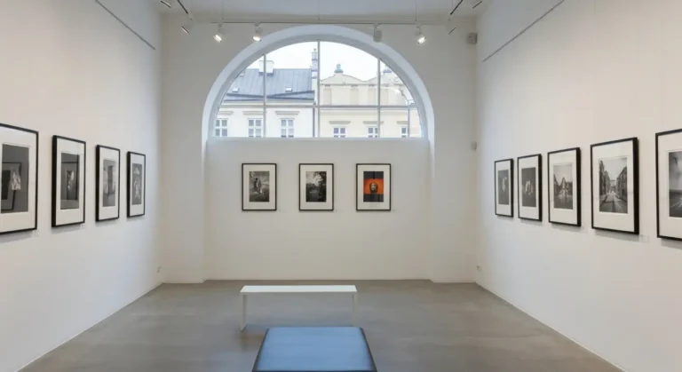 Wnetrze krakowskiej galerii z rzedem oprawionych fotografii na bialej scianie i oknem z widokiem na kamienice