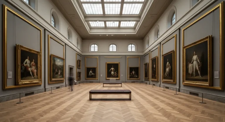 Przestronna neoklasycystyczna sala Muzeum Narodowego w Krakowie z rzędami obrazów w zloconych ramach, parkietem i dzienn
